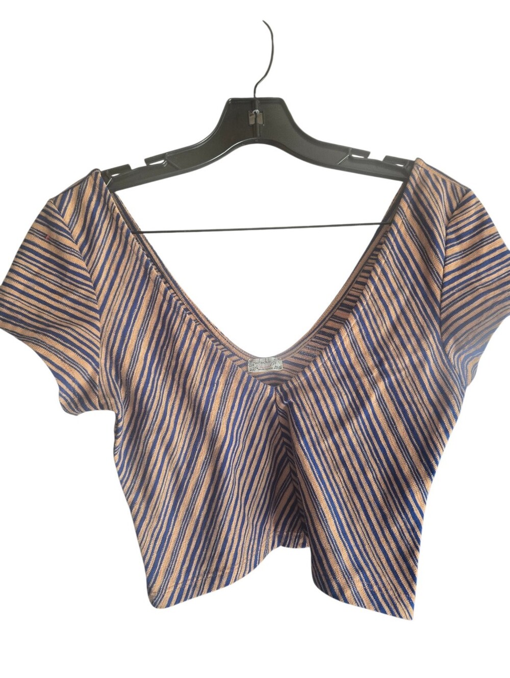 Free People, Striped V-Neck Crop Top in Beige and Navy